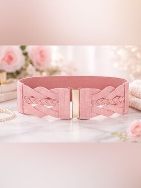 Grace Karin Elastic Wide Belt Pink Braided Gold Hook Waist Belt Size M NWT